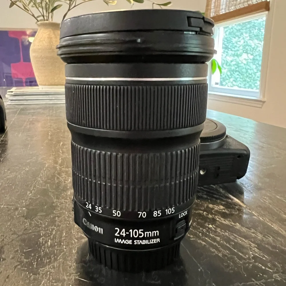 Canon EOS RP with mount adapter, two lenses, gimbal, and strap